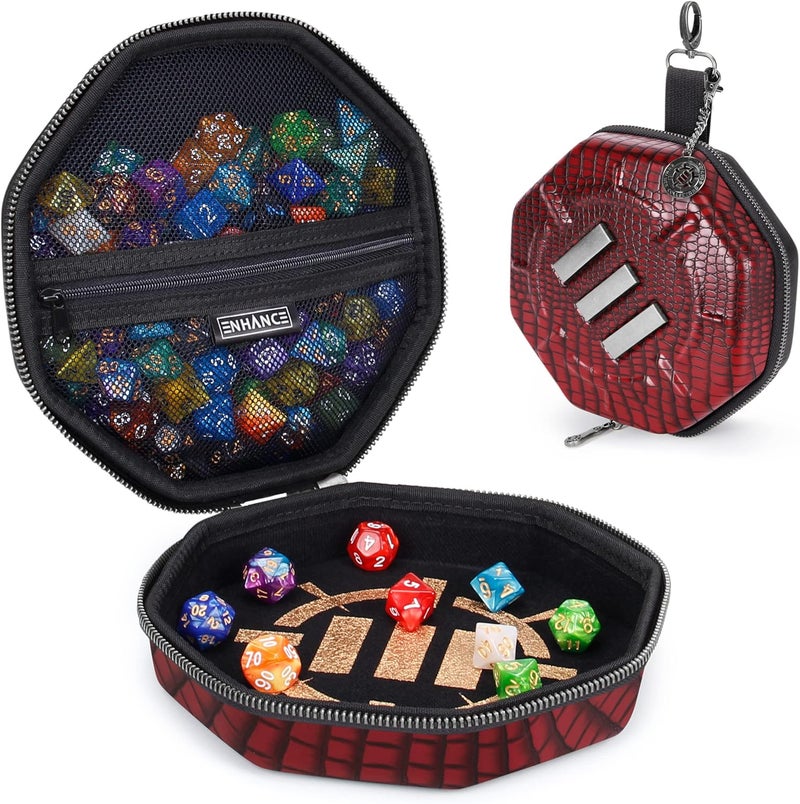 ENHANCE DND Dice Tray and Case - Collector's Edition DND Dice Holder up to 150 D&D Shakers with Hard Shell Exterior and Protective Soft Interior - Rolling Tray Perfect for Game Night (Dragon Red) - Image 1