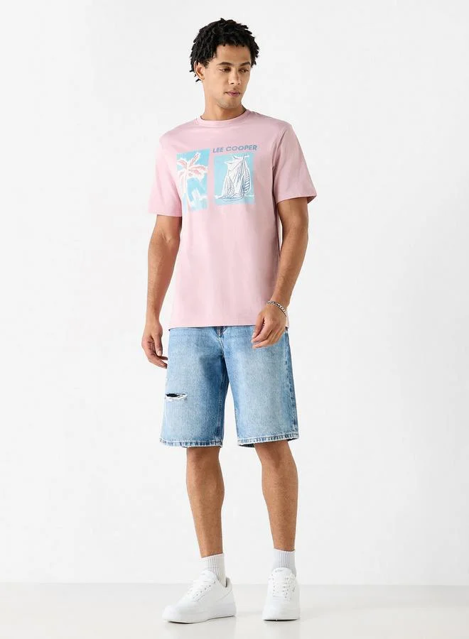 لي كوبر تيشيرت بياقة ضيقة وأكمام قصيرة وطبعات من لي كوبر