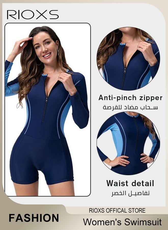 Women's One Piece Swimsuit, Long Sleeve Rash Guard UV Protection Swimwear, Printed Bathing Suits For Women, Tummy Control Zip Front Wetsuit, Ladies Swimming Costume Set, Woman Surfing Swimwear, blue ombre one piece swimsuit, quick dry zip up swimwear, surfing rash guard for women, pool swimming suit with sleeves, vacation sun protection swimwear