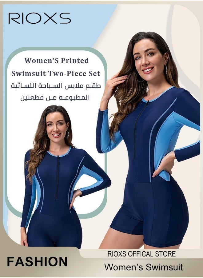 RIOXS - Womens One Piece Swimsuit, Long Sleeve Rash Guard UV Protection Swimwear, Printed Bathing Suits For Women,Tummy Control Zip Front Wetsuit,Ladies Swimming Costume Set,Woman Surfing Swimwear - Image 1
