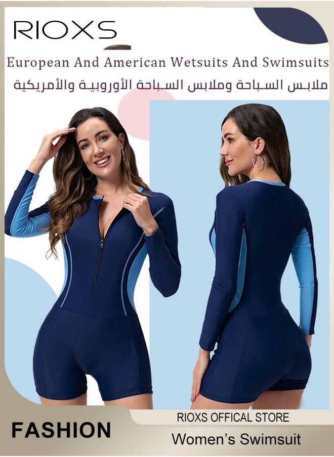 RIOXS - Womens One Piece Swimsuit, Long Sleeve Rash Guard UV Protection Swimwear, Printed Bathing Suits For Women,Tummy Control Zip Front Wetsuit,Ladies Swimming Costume Set,Woman Surfing Swimwear - Image 1