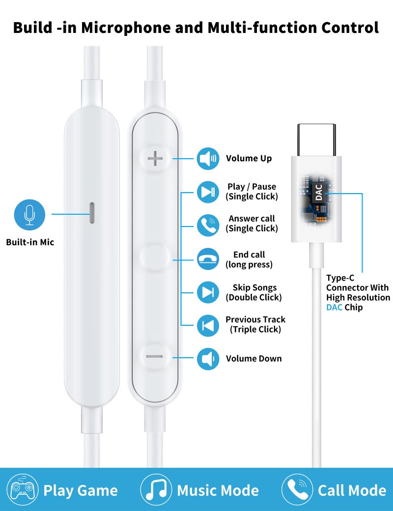 AFGHOA USB C Headphone for Samsung S26 S25 FE S24 A16 A17 Wired Earbuds Magnetic in-Ear Type C Earphone with Microphone Volume Control Bass Stereo Noise Canceling for iPhone 17 Pro Max 16 16e 15 Pixel 10a 9a - Image 3