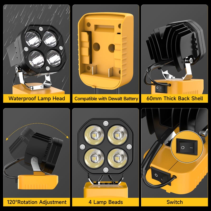 Azocek LED Work Light Compatible with Dewalt 20V Battery, 40W 6000LM Flashlight, 20V Battery Cordless Work Light 120Â°Adjustable with Low Voltage Protection for Outdoors and Job Site Lighting - Image 4