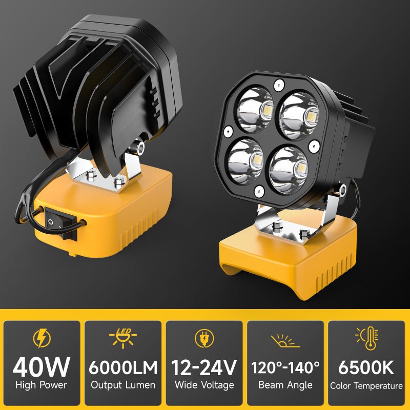 Azocek LED Work Light Compatible with Dewalt 20V Battery, 40W 6000LM Flashlight, 20V Battery Cordless Work Light 120Â°Adjustable with Low Voltage Protection for Outdoors and Job Site Lighting - Image 3