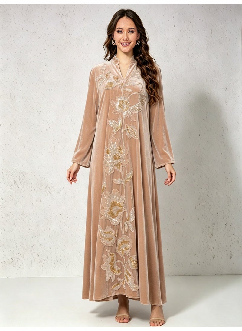 Kaiyuede Dubai Brown Velvet Abaya with Gold Floral Sequin Embroidery | Mandarin Collar Opaque Lined Modest Dress for Eid & Wedding - Image 1