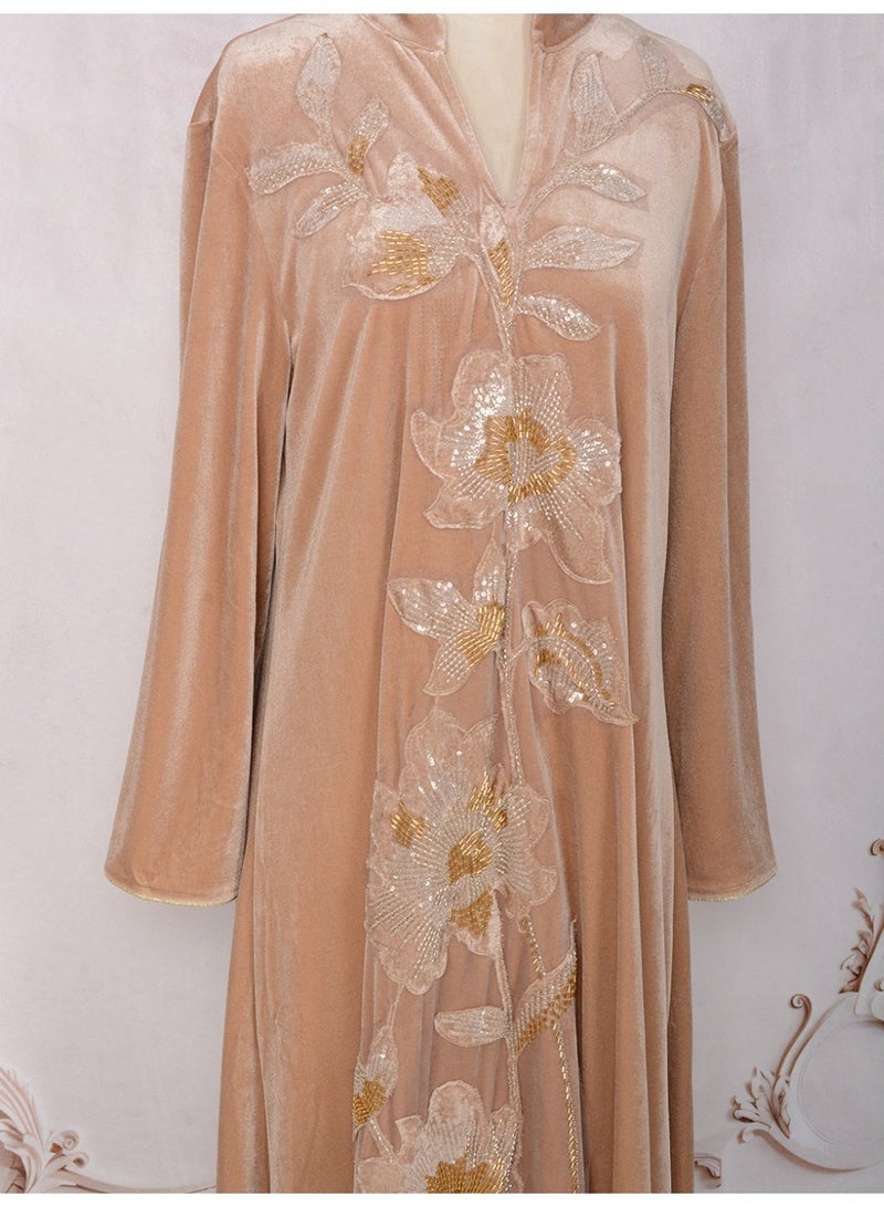 Kaiyuede Dubai Brown Velvet Abaya with Gold Floral Sequin Embroidery | Mandarin Collar Opaque Lined Modest Dress for Eid & Wedding - Image 2