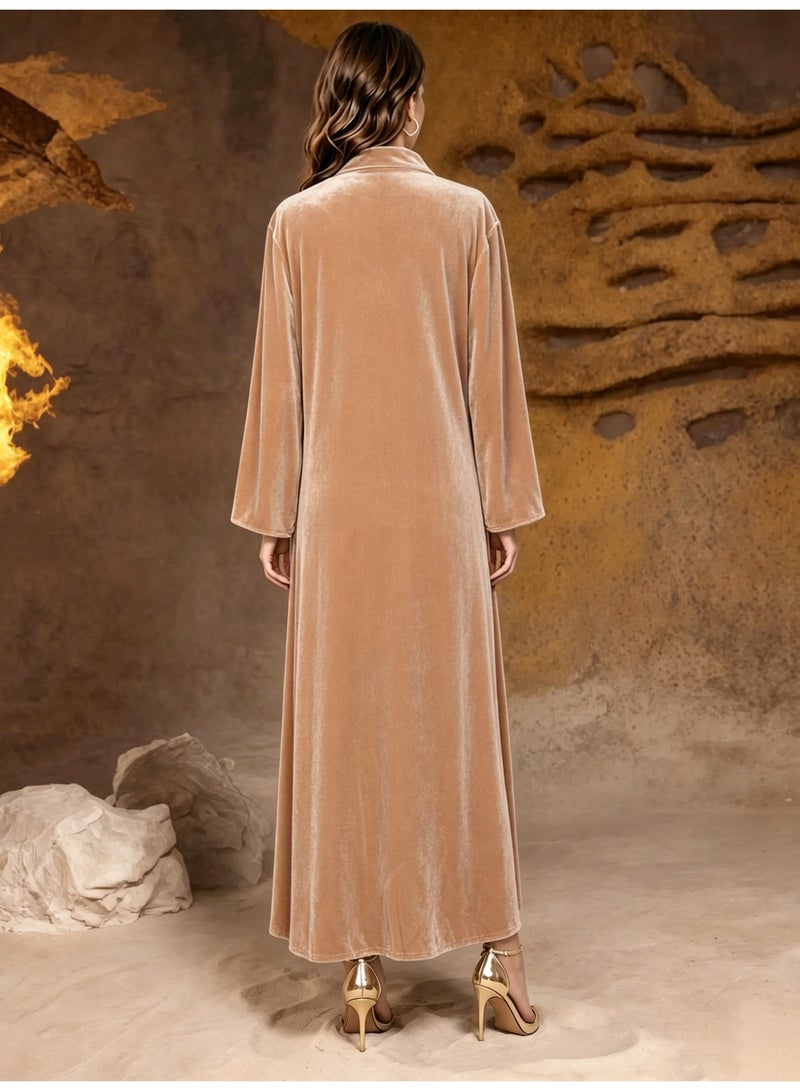 Kaiyuede Dubai Brown Velvet Abaya with Gold Floral Sequin Embroidery | Mandarin Collar Opaque Lined Modest Dress for Eid & Wedding - Image 3
