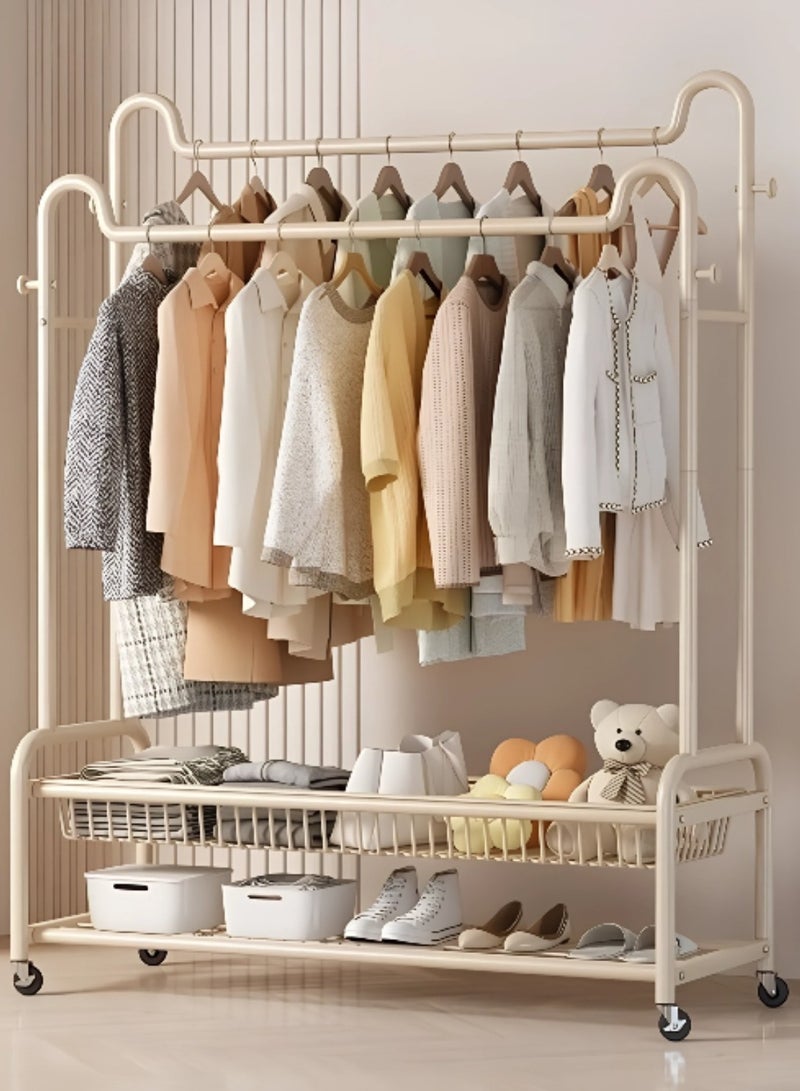 إيونتو حامل ملابس مزدوج القضبان مع سلة ورف سفلي - حامل ملابس متحرك عالي التحمل لغرفة النوم وغرفة الغسيل - Image 1