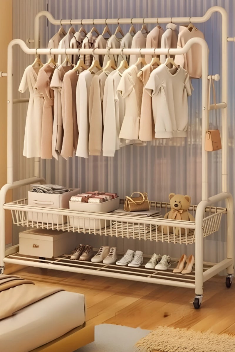 إيونتو حامل ملابس مزدوج القضبان مع سلة ورف سفلي - حامل ملابس متحرك عالي التحمل لغرفة النوم وغرفة الغسيل - Image 2