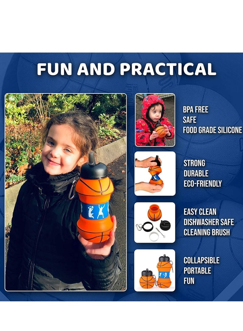 NIBEMINENT Sports Water Bottle, Kids Bottles Collapsible Basketball Shaped Design Portable Reusable Eco-friendly Shockproof Birthday Gifts For Boys Girls for School Travel Gym Leak Proof BPA Free 550ml - Image 2