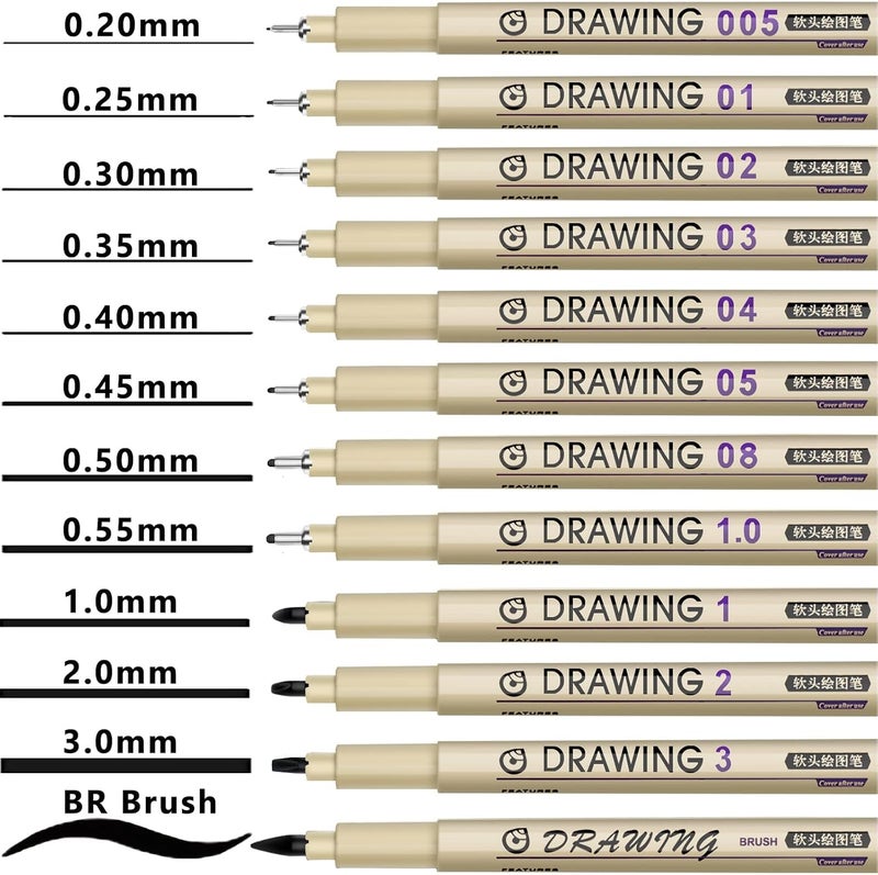 KOUSICOO أقلام رسم فنية دقيقة من Muchcute: مجموعة من 12 قلمًا أسود، خط رفيع، حبر مقاوم للماء، لوازم فنان، علامات حبر أرشيفية، قلم تحديد، رسم تخطيطي، أنمي، هدايا، مانجا، رسم، ألوان مائية، زينتانجل، مجموعة أدوات. - Image 2