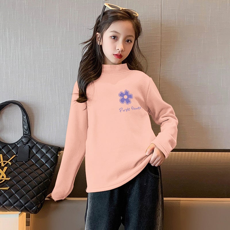 Y2329# Children'S Semi-High Collar Base Shirt Fleece-Lined Warm Long Sleeve T-Shirt For Boys And Girls - Image 4