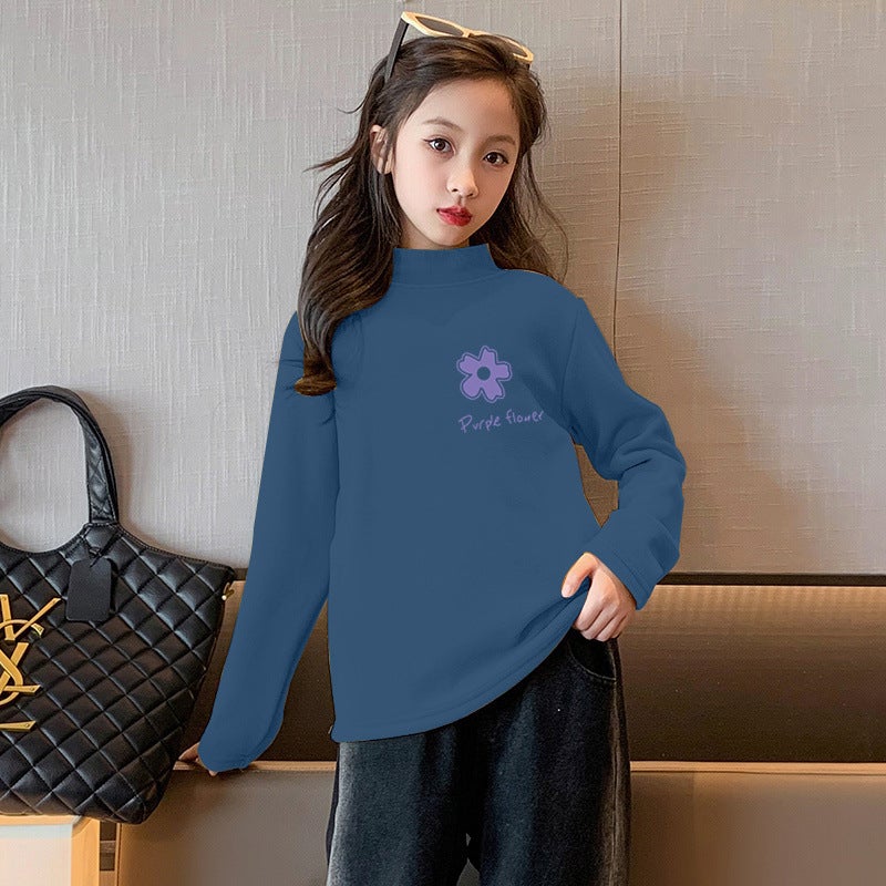Y2329# Children'S Semi-High Collar Base Shirt Fleece-Lined Warm Long Sleeve T-Shirt For Boys And Girls - Image 1