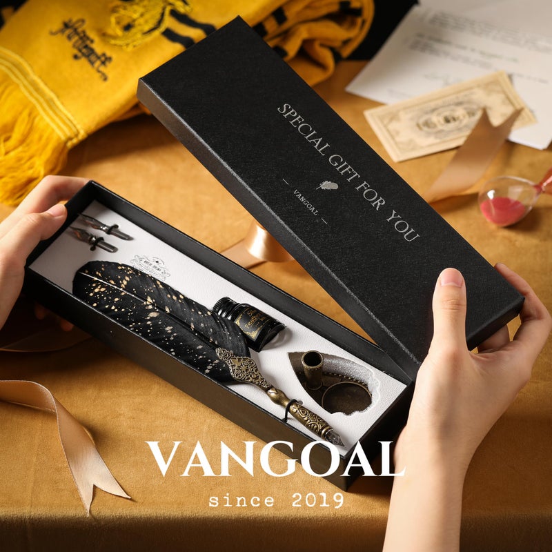 VANGOAL Vintage Feather Pen and Ink Set, Classic Series Pheasant Quill Pen with Carving Pen Stand, Calligraphy Pen Nibs, Black Dip Pen Ink, Antique Writing Gift for Writer - Image 4