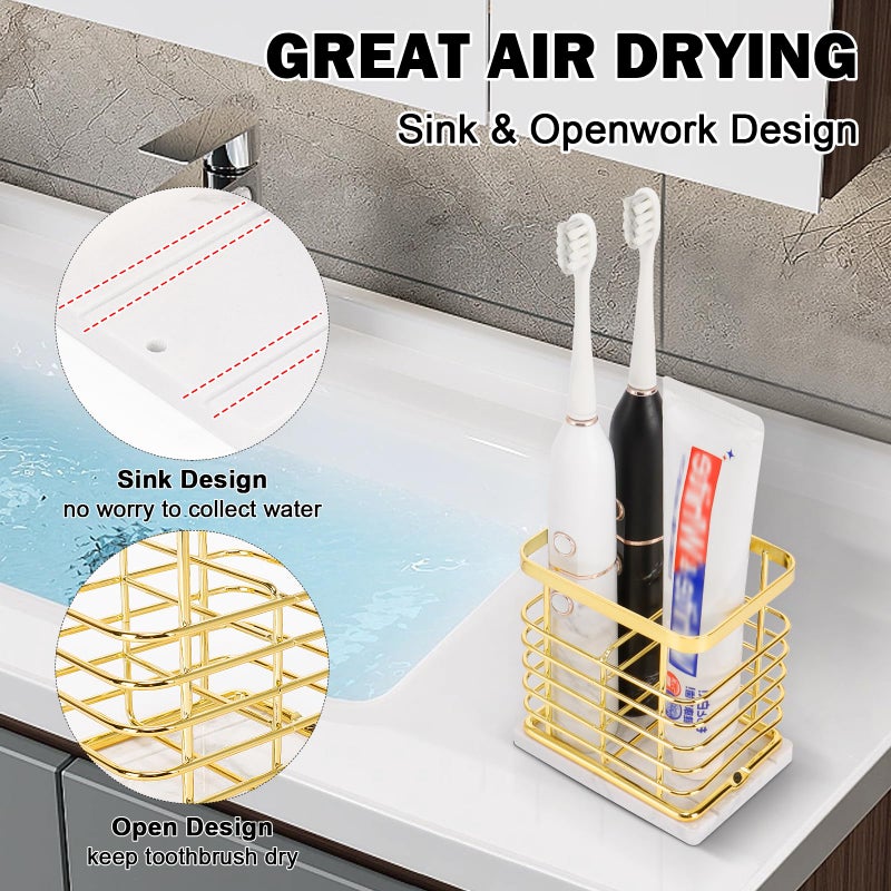 HarJue Toothbrush Holder, Luxurious Metal Toothbrush Toothpaste Holder with Marble Base for Bathroom, Multi-Slots Openwork Design, Bathroom Accessory for Storage and Organizer (Small, Gold) - Image 3