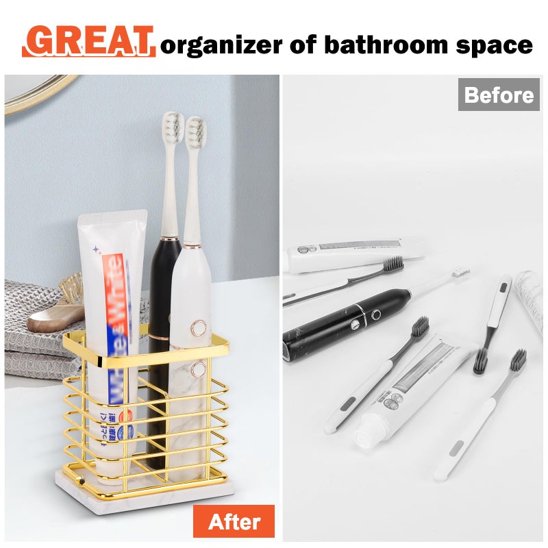 HarJue Toothbrush Holder, Luxurious Metal Toothbrush Toothpaste Holder with Marble Base for Bathroom, Multi-Slots Openwork Design, Bathroom Accessory for Storage and Organizer (Small, Gold) - Image 5