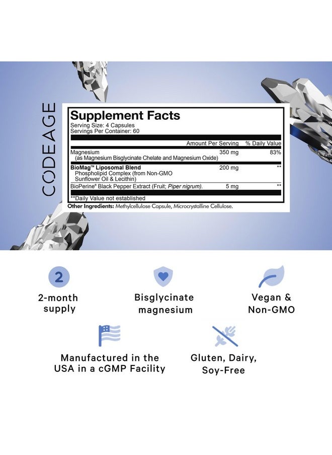 Codeage Codeage Liposomal Magnesium Glycinate Supplement, 2-Month Supply, Bisglycinate Magnesium Chelate, Chelated Magnesium Mineral Pills, BioPerine Black Pepper Vitamins Capsules, Non-GMO Vegan, 240 ct  - Image 2