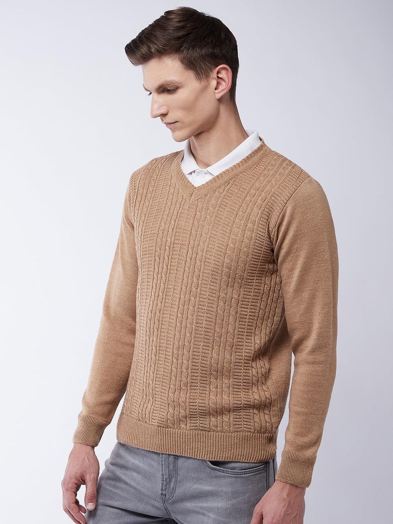 Pivl Men's V Neck Winter Solid Sweater - Warmth and Style for The Season_Beige_XL - Image 3