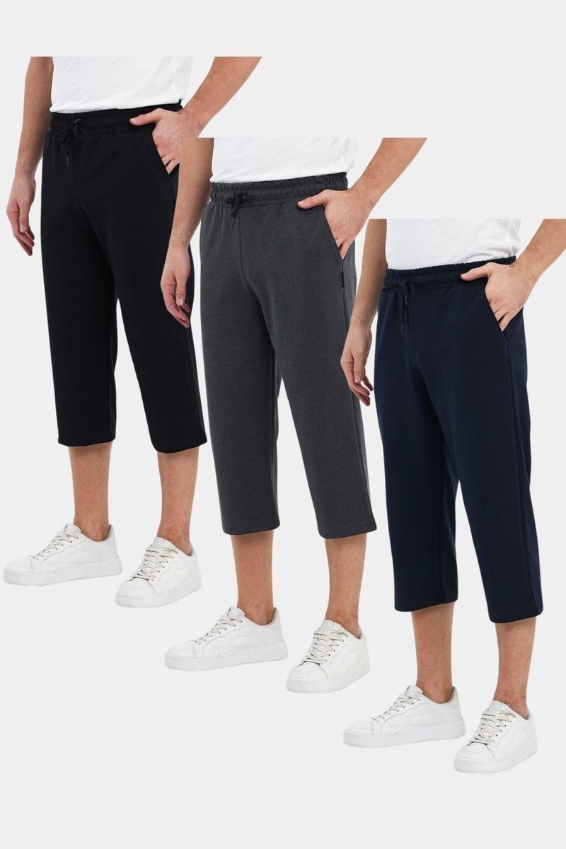 mmetalic Men's 3-Pack Side Pocket Bermuda Shorts Below Knee Capri Adjustable Elastic Waist Long Shorts  - Image 1