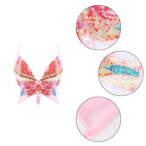 Mocure Women's Sparkly Butterfly Sequin Crop Top - Sexy Sleeveless Halter Rave Vest for Belly Dance Outfits - Image 5