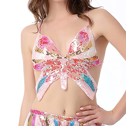 Mocure Women's Sparkly Butterfly Sequin Crop Top - Sexy Sleeveless Halter Rave Vest for Belly Dance Outfits - Image 3