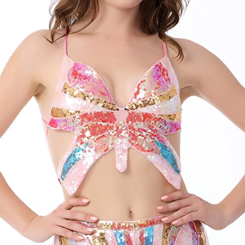 Mocure Women's Sparkly Butterfly Sequin Crop Top - Sexy Sleeveless Halter Rave Vest for Belly Dance Outfits - Image 2