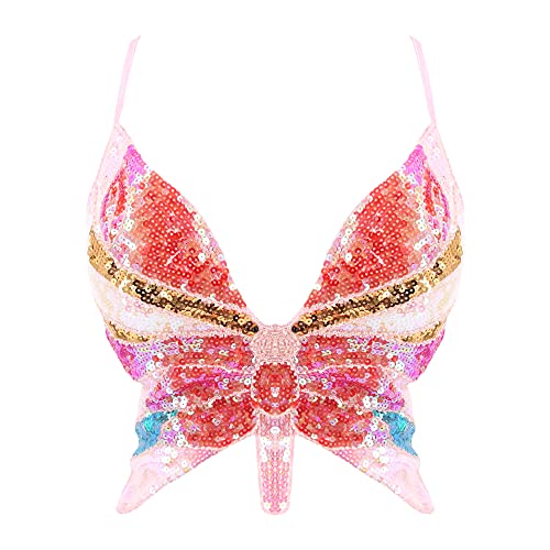 Mocure Women's Sparkly Butterfly Sequin Crop Top - Sexy Sleeveless Halter Rave Vest for Belly Dance Outfits - Image 1