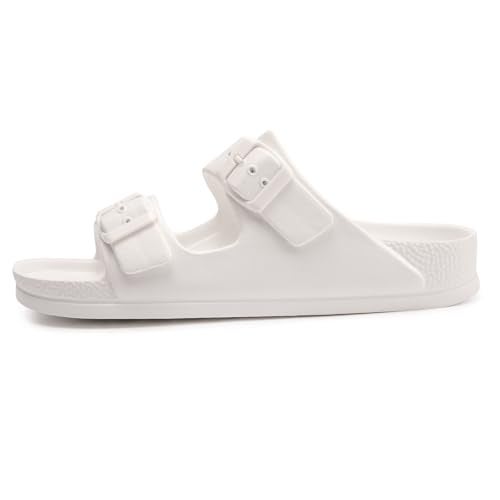 FUNKYMONKEY Women's Comfort Slides Double Buckle Adjustable EVA Flat Sandals (7 M US-Women, White) - Image 3