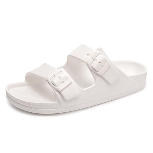 FUNKYMONKEY Women's Comfort Slides Double Buckle Adjustable EVA Flat Sandals (7 M US-Women, White) - Image 1