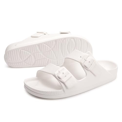 FUNKYMONKEY Women's Comfort Slides Double Buckle Adjustable EVA Flat Sandals (7 M US-Women, White) - Image 5