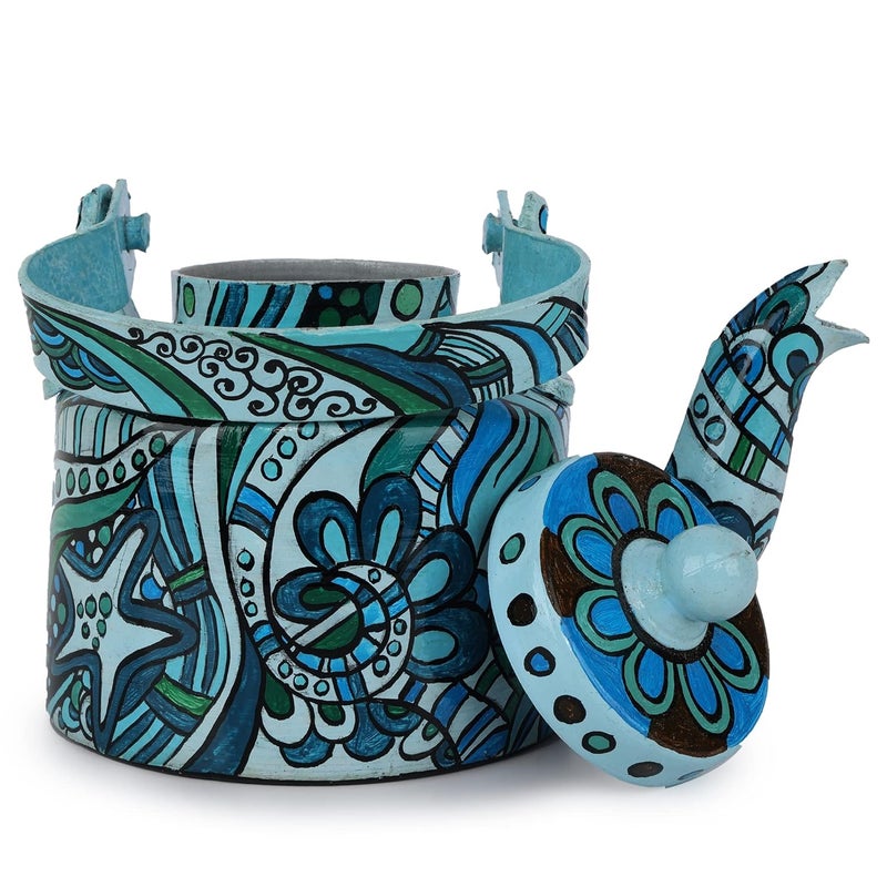 INDHA Handpainted Aluminium Decorative Kettle | Turquoise & Blue Abstract Art Print | Tabletop Centerpiece | Ethnic Boho Home Décor | Artisan Craft | 1 Litre | Gift Item - Image 4