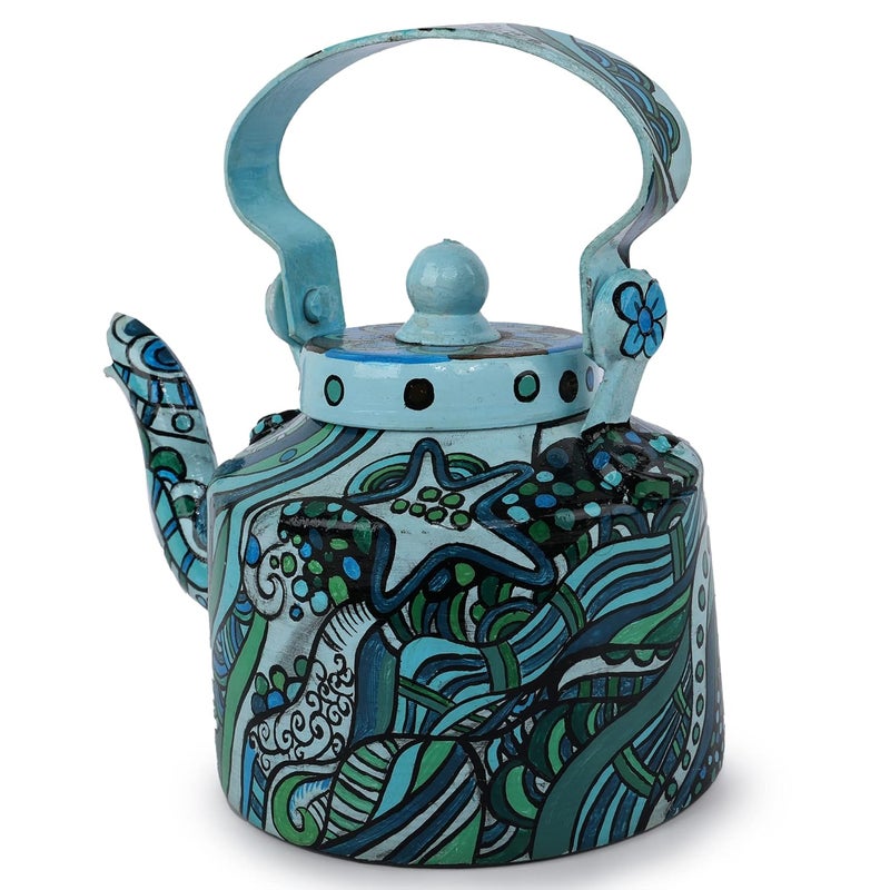 INDHA Handpainted Aluminium Decorative Kettle | Turquoise & Blue Abstract Art Print | Tabletop Centerpiece | Ethnic Boho Home Décor | Artisan Craft | 1 Litre | Gift Item - Image 3