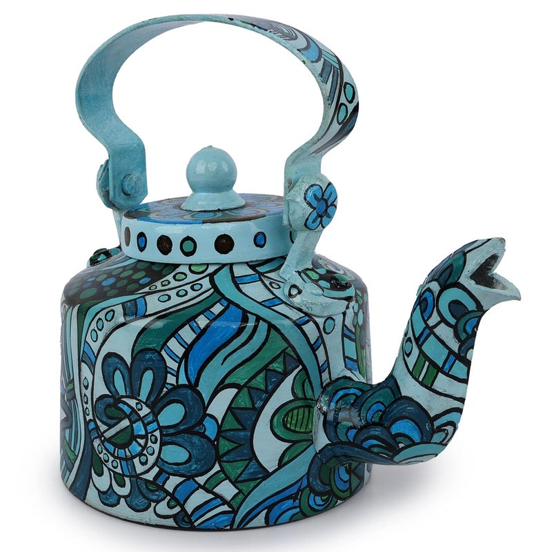INDHA Handpainted Aluminium Decorative Kettle | Turquoise & Blue Abstract Art Print | Tabletop Centerpiece | Ethnic Boho Home Décor | Artisan Craft | 1 Litre | Gift Item - Image 1