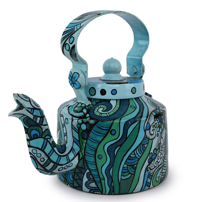 INDHA Handpainted Aluminium Decorative Kettle | Turquoise & Blue Abstract Art Print | Tabletop Centerpiece | Ethnic Boho Home Décor | Artisan Craft | 1 Litre | Gift Item - Image 2