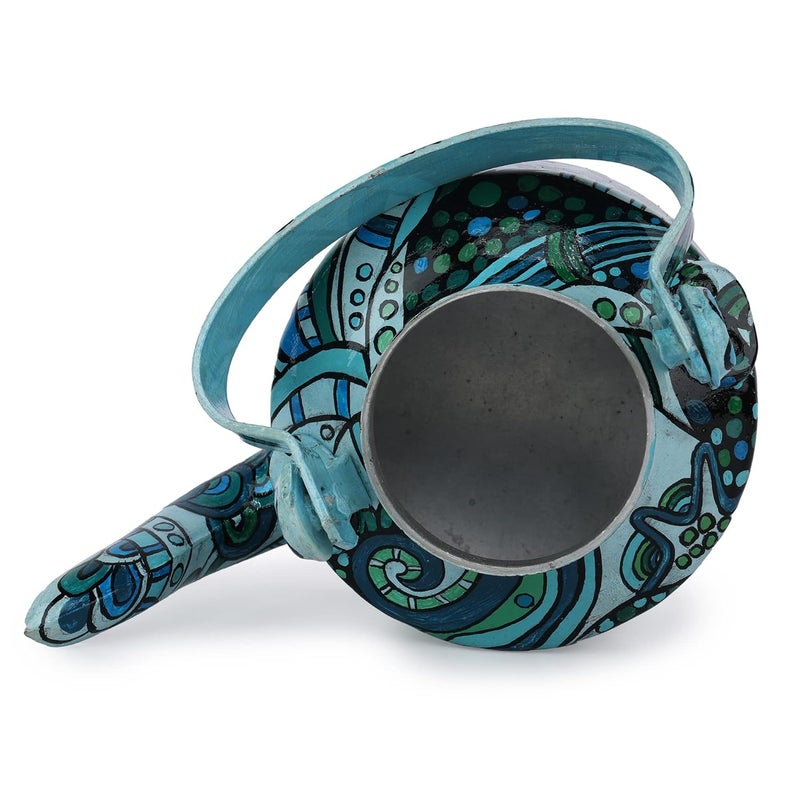 INDHA Handpainted Aluminium Decorative Kettle | Turquoise & Blue Abstract Art Print | Tabletop Centerpiece | Ethnic Boho Home Décor | Artisan Craft | 1 Litre | Gift Item - Image 5