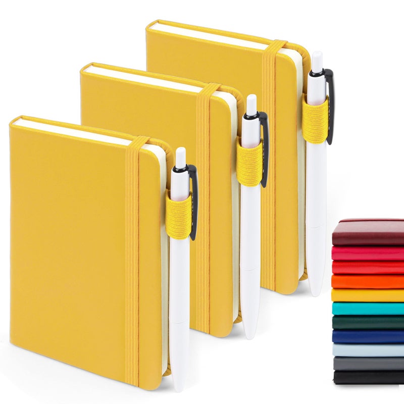 feela 3 Pack Pocket Notebook Journals with 3 Black Pens, A6 Mini Cute Small Journal Notebook Bulk Hardcover College Ruled Notepad with Pen Holder for Office School Supplies, 3.5â€x 5.5â€, Yellow - Image 1