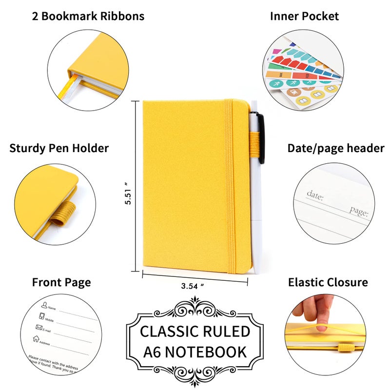feela 3 Pack Pocket Notebook Journals with 3 Black Pens, A6 Mini Cute Small Journal Notebook Bulk Hardcover College Ruled Notepad with Pen Holder for Office School Supplies, 3.5â€x 5.5â€, Yellow - Image 2