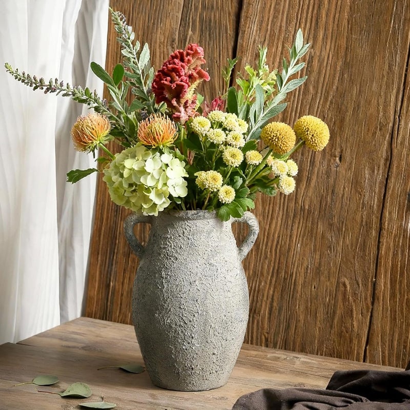 Lyeec Ceramic Flowers Vase - Rustic Decorative Vase for Home Decor, 9 inch Vintage Terracotta Vase for Flowers, Pottery Vase with 2 Hanldes for Home Living Room Decor, Non-Slip Vases - Image 2