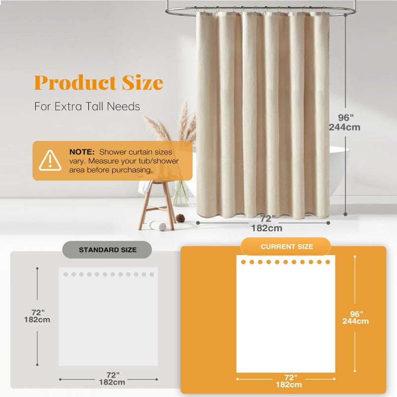 BTTN Extra Long Fabric Shower Curtain, 96 Inch Linen Textured Heavy Duty Cloth Shower Curtain Set with 12 Plastic Hooks, Large Hotel Luxury Polyester Shower Curtains for Bathroom(72"x96", Beige/Cream) - Image 3
