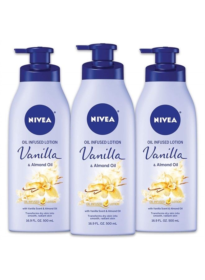 Nivea Oil Infused Body Lotion, Vanilla and Almond Oil, Body Lotion for Dry Skin, 3 Pack of 16.9 Fl Oz Pump Bottle  - Image 1