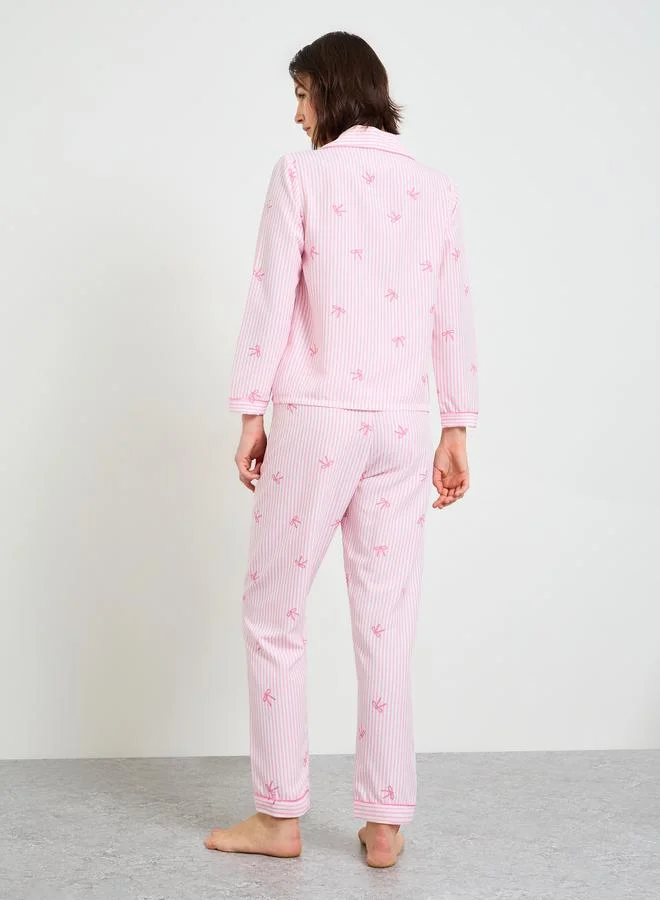 Take Two  Pink Striped Bow Print Pajama Set with Long Sleeve and Straight Leg for Women | Best Price UAE