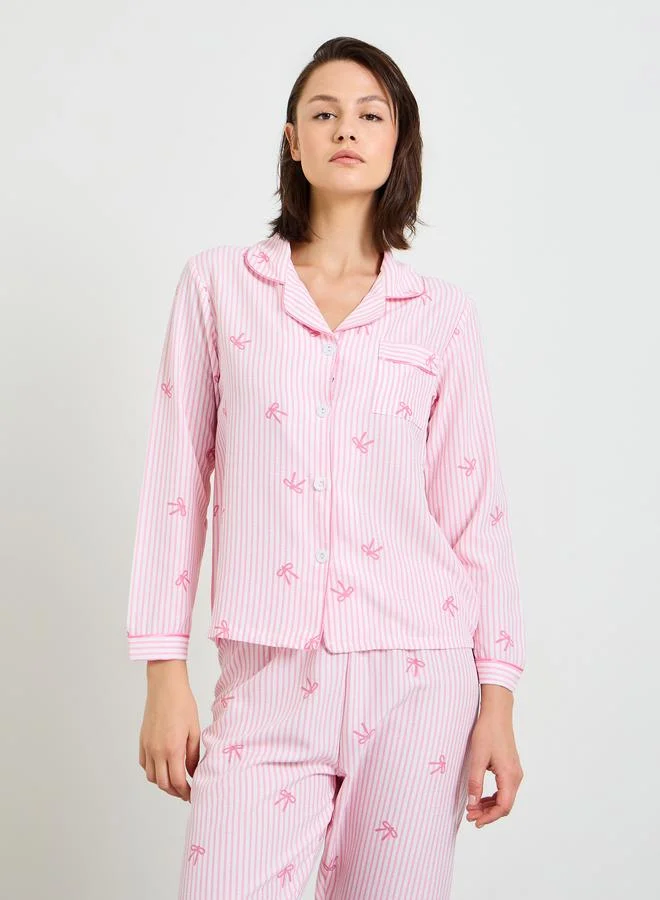 Take Two  Pink Striped Bow Print Pajama Set with Long Sleeve and Straight Leg for Women | Best Price UAE