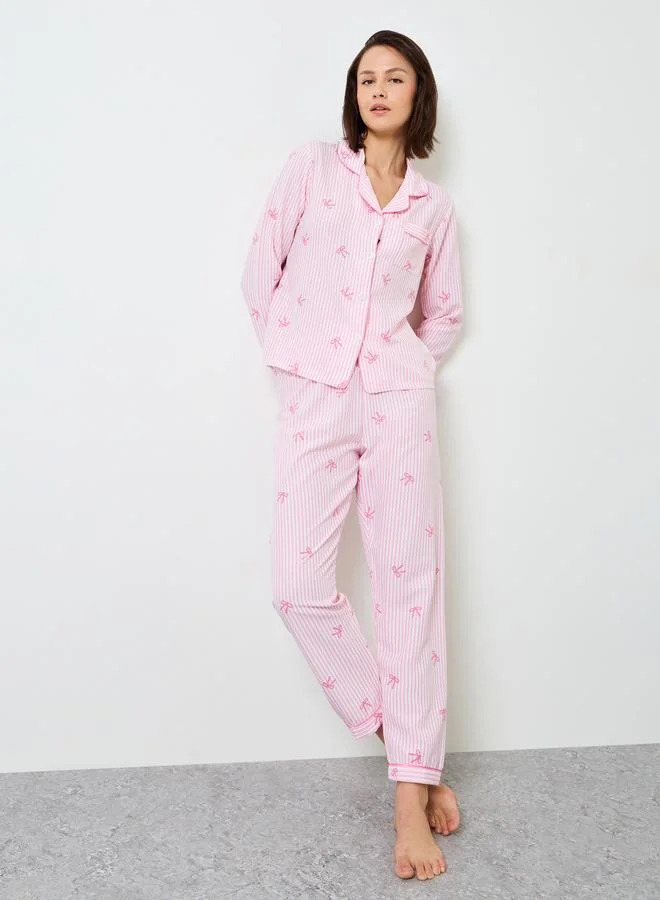 Pink Striped Bow Print Pajama Set with Long Sleeve and Straight Leg