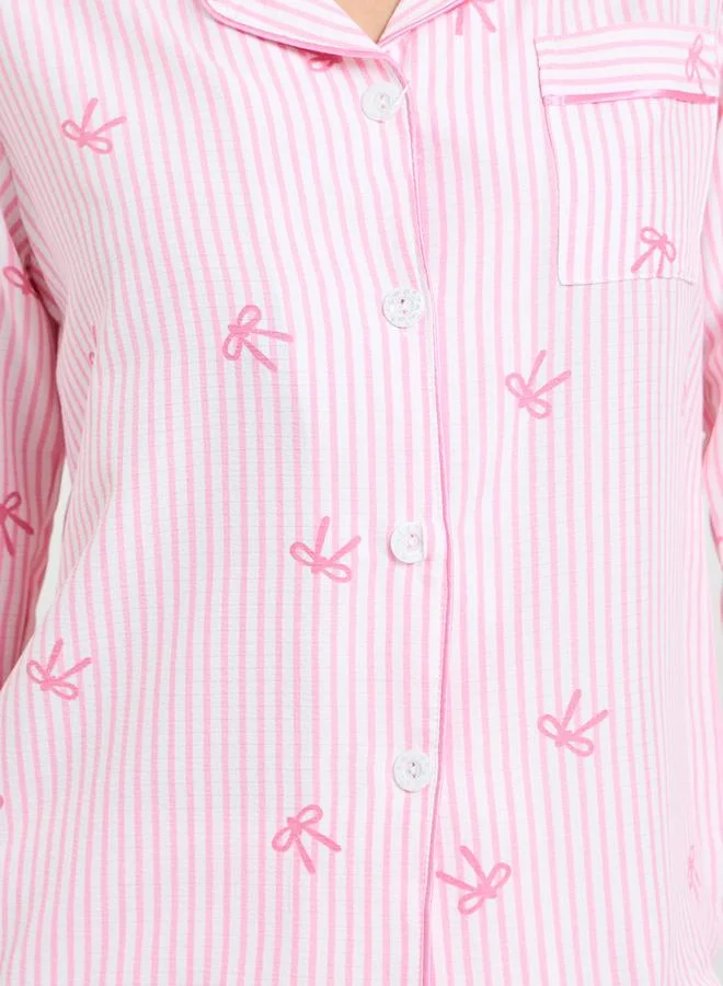 Take Two  Pink Striped Bow Print Pajama Set with Long Sleeve and Straight Leg for Women | Best Price UAE