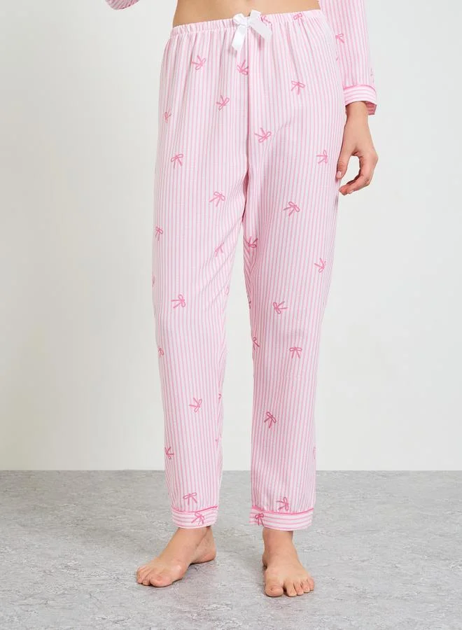 Take Two  Pink Striped Bow Print Pajama Set with Long Sleeve and Straight Leg for Women | Best Price UAE