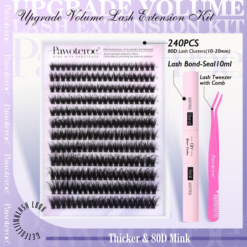 Pawotence Lash Extension Kit Lash Clusters 80D Full DIY Cluster Eyelash Extension Kit 10-20mm Individual Lashes Mink with Lash Bond and Seal, Lash Tweezers for Self Application (Mink 80D,10-20mm, Kit) - Image 2