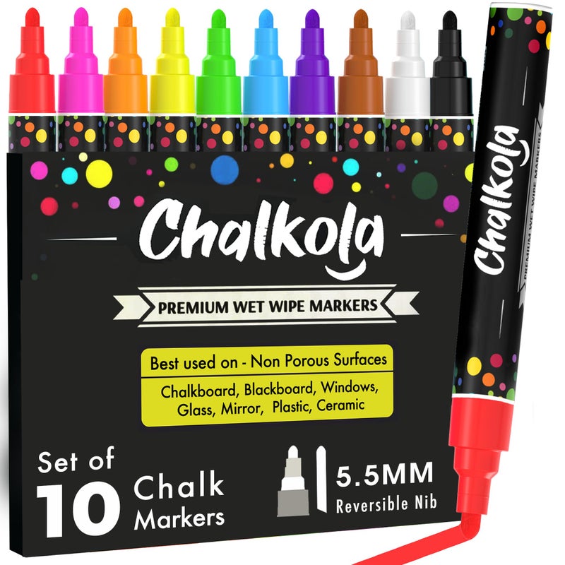 Chalkola Chalk Markers for Blackboard Chalkboard Window Bistro Car Glass Board Wall Calendar 10 Pack 6mm Reversible Tip Wet Wipe Erasable Liquid Chalk Pens Chalkboard Markers Erasable