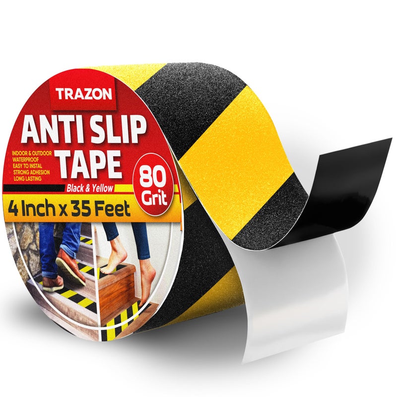 Trazon Grip Tape - Heavy Duty Anti Slip Tape For Stairs Outdoor/Indoor Waterproof 4Inch X 35Ft Safety Non Skid Roll For Stair Steps Ramp Traction Tread Staircases Grips Non Slip Strips Walk Black And Yellow - Image 1
