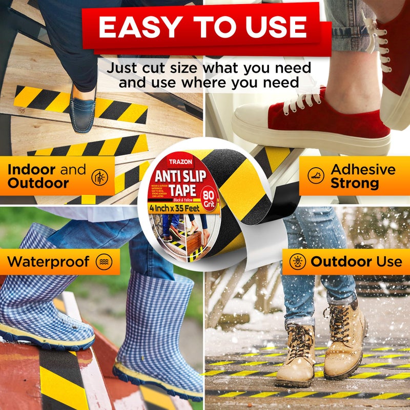 Trazon Grip Tape - Heavy Duty Anti Slip Tape For Stairs Outdoor/Indoor Waterproof 4Inch X 35Ft Safety Non Skid Roll For Stair Steps Ramp Traction Tread Staircases Grips Non Slip Strips Walk Black And Yellow - Image 4