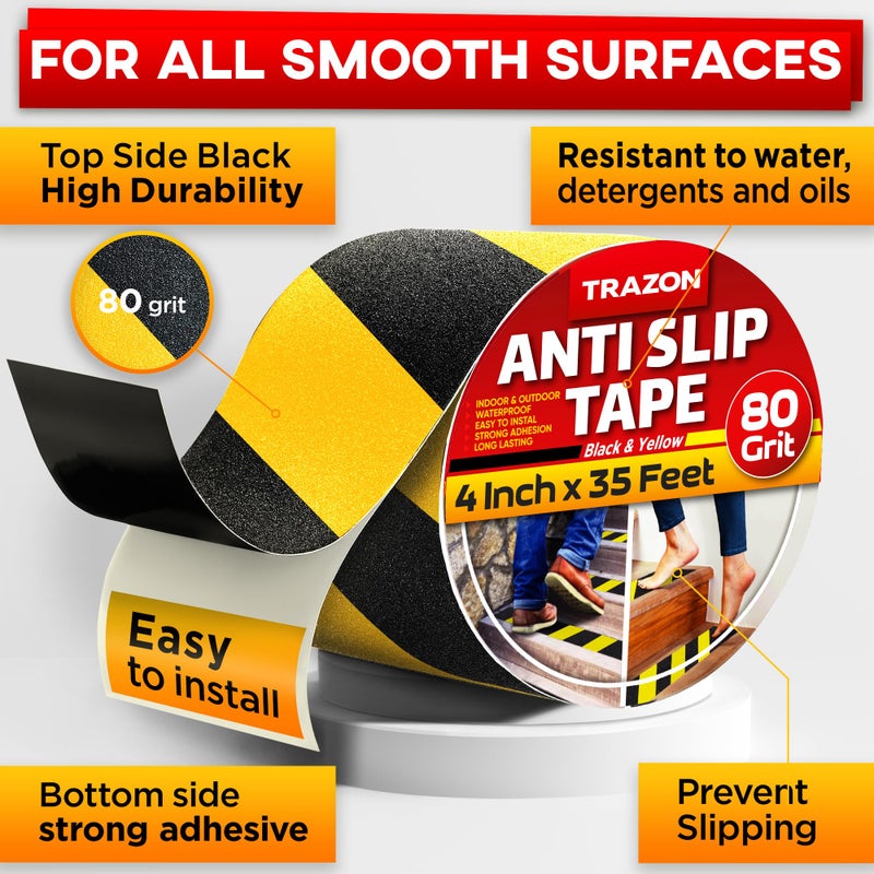 Trazon Grip Tape - Heavy Duty Anti Slip Tape For Stairs Outdoor/Indoor Waterproof 4Inch X 35Ft Safety Non Skid Roll For Stair Steps Ramp Traction Tread Staircases Grips Non Slip Strips Walk Black And Yellow - Image 2